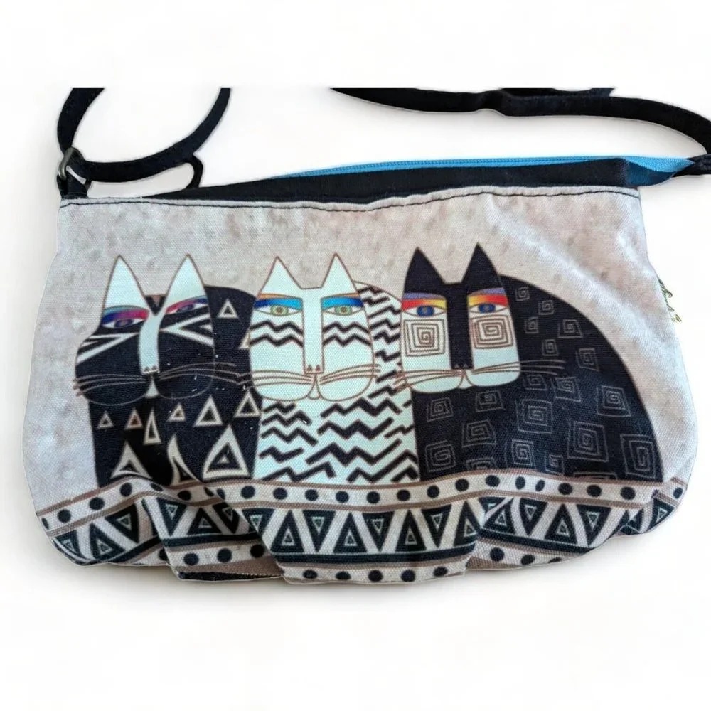 Wild Cats Laurel Burch Small Canvas Cross-Body Tote Bag Fun Crazy Cat Lady EUC
